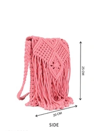 ASTRID Pink Macrame Sling Bag With Flapover Fringes - Free Size, Pink, Macrame, Pack of1